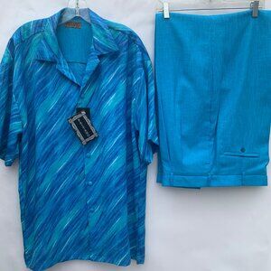 PAITANO Italy Button Down Short Sleeve Casual Suit For Men, Shirt and Pant Blue